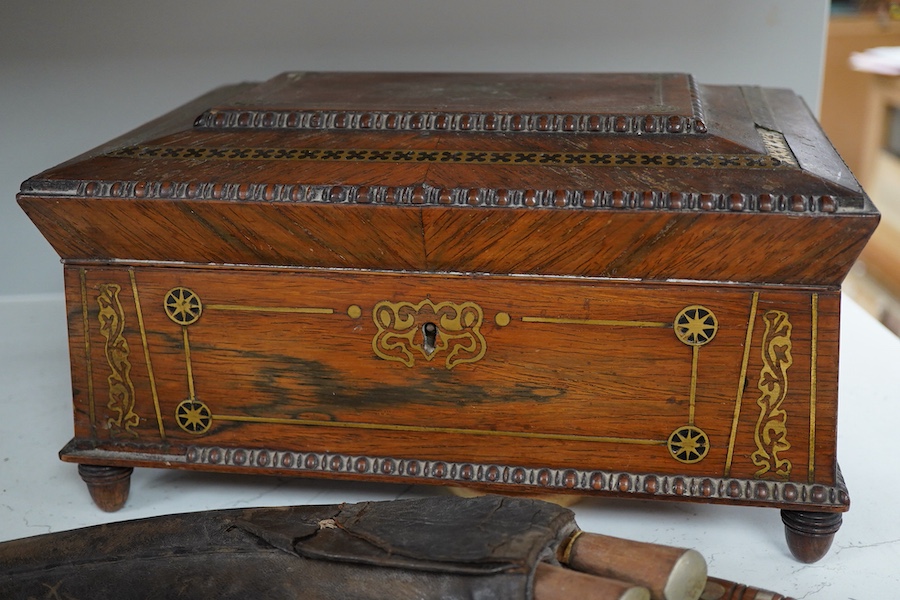 A Victorian brass inlaid rosewood workbox, together with two kukri knives, each 45cm in length
